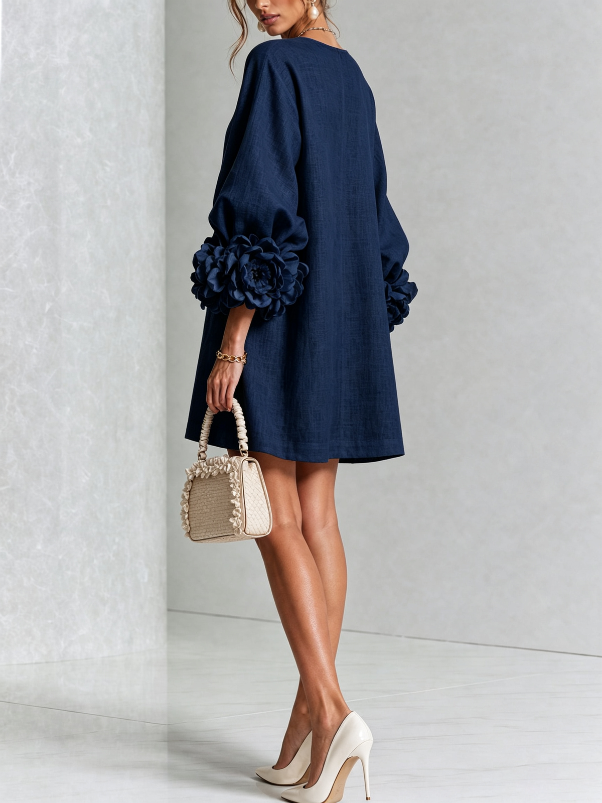 Marina | Mini Vestido de Mezcla de Lino y algodón con Puños en Rosa, Azul Marino