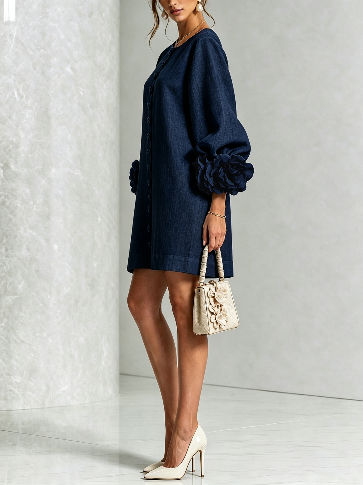 Marina | Mini Vestido de Mezcla de Lino y algodón con Puños en Rosa, Azul Marino