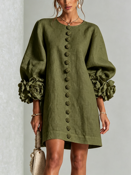 Gaia | Vestido Mini de Mezcla de Lino y algodón con Puños en Rosa, Verde Oliva