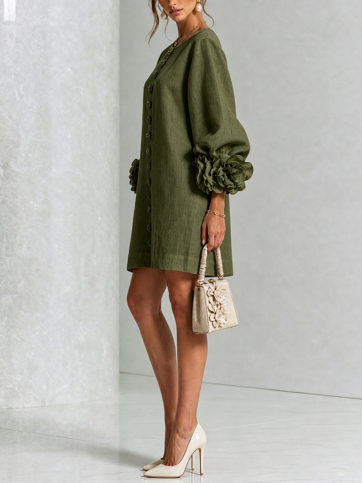 Gaia | Vestido Mini de Mezcla de Lino y algodón con Puños en Rosa, Verde Oliva