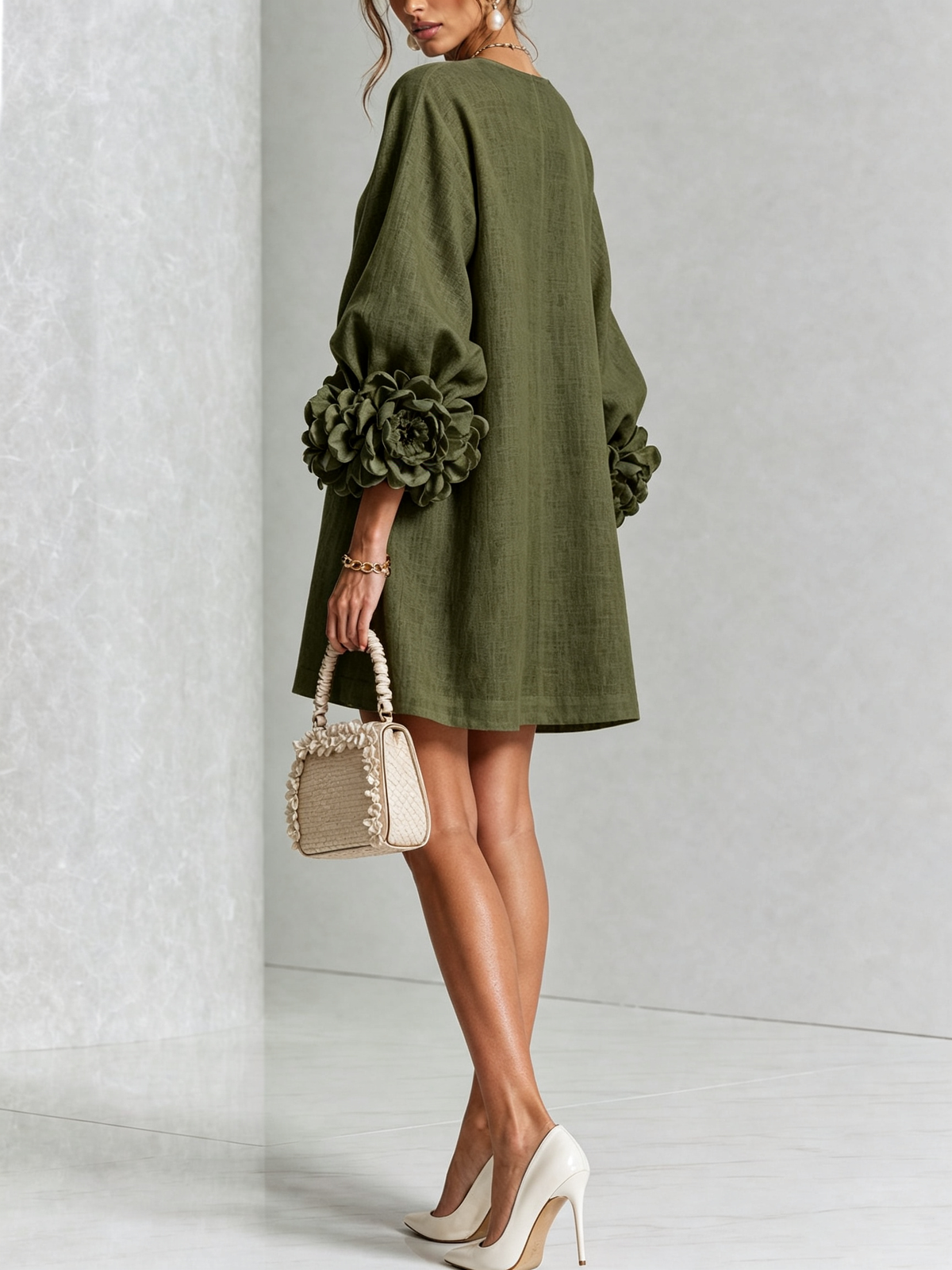 Gaia | Vestido Mini de Mezcla de Lino y algodón con Puños en Rosa, Verde Oliva