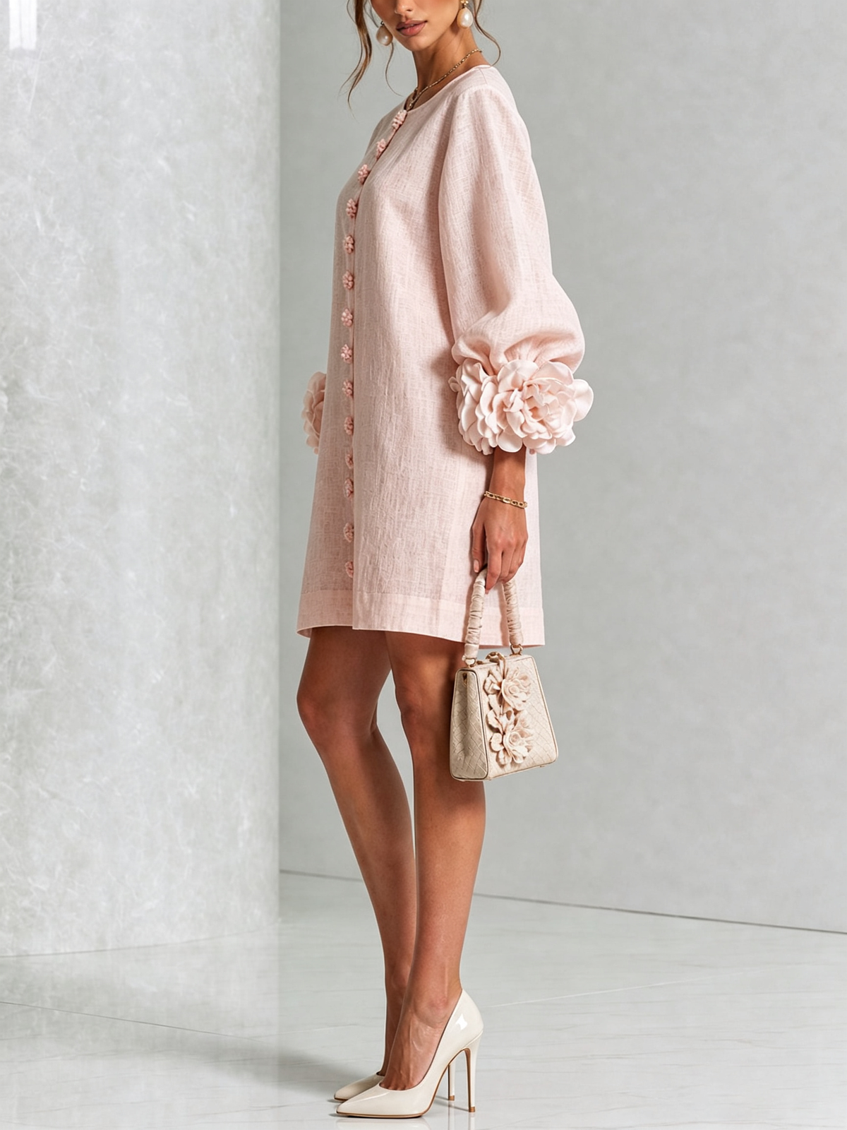 Noemi | Vestido Mini de Mezcla de Lino y algodón con Puños, Rosa
