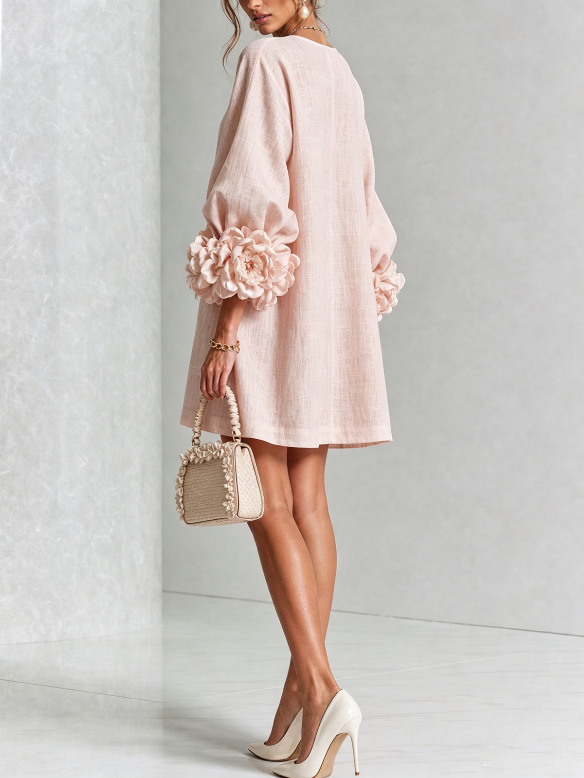 Noemi | Vestido Mini de Mezcla de Lino y algodón con Puños, Rosa