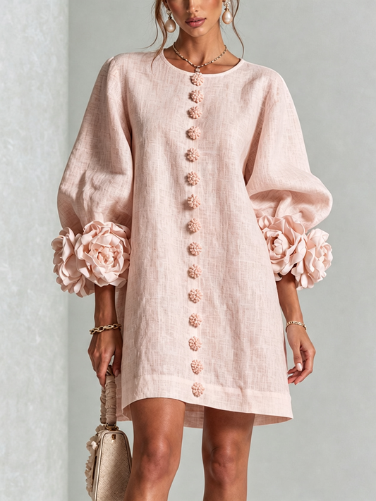 Noemi | Vestido Mini de Mezcla de Lino y algodón con Puños, Rosa