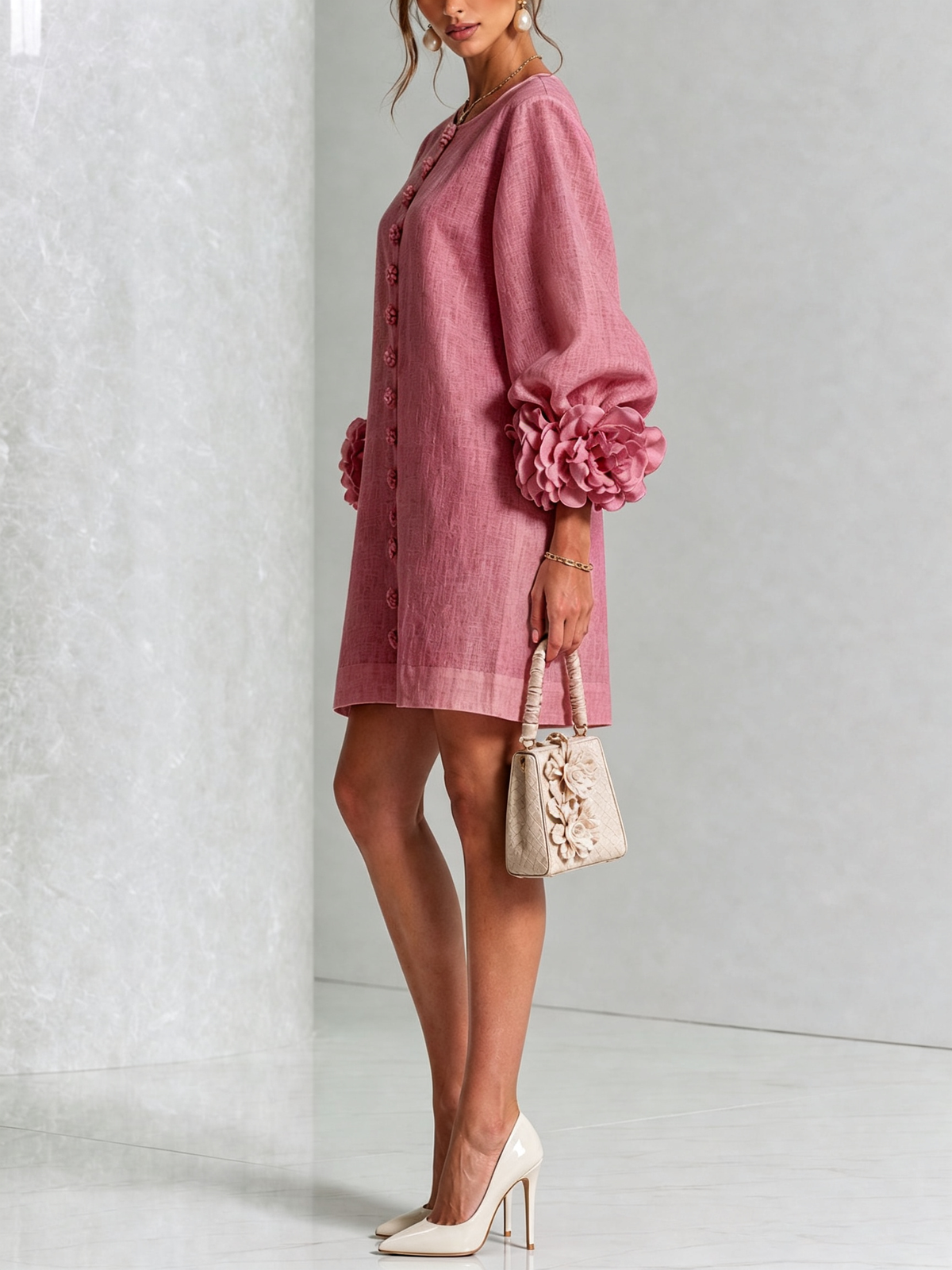 Alba | Mini Vestido de Mezcla de Lino y algodón con Puños, Rosa Antiguo
