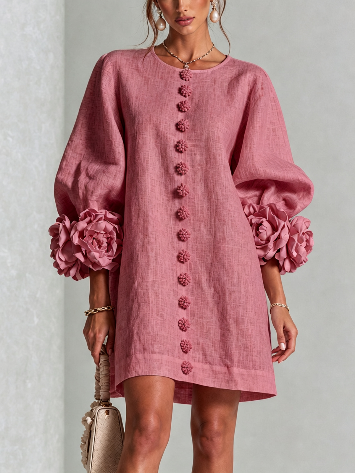 Alba | Mini Vestido de Mezcla de Lino y algodón con Puños, Rosa Antiguo