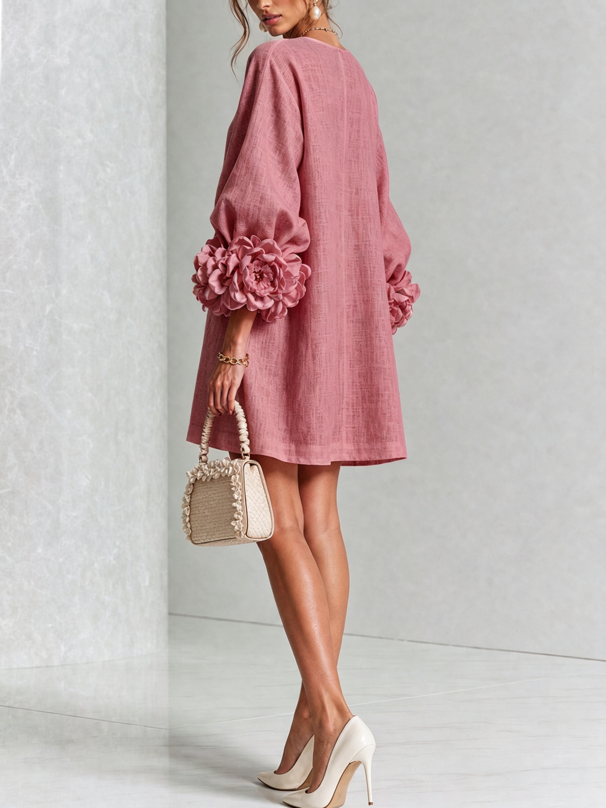 Alba | Mini Vestido de Mezcla de Lino y algodón con Puños, Rosa Antiguo