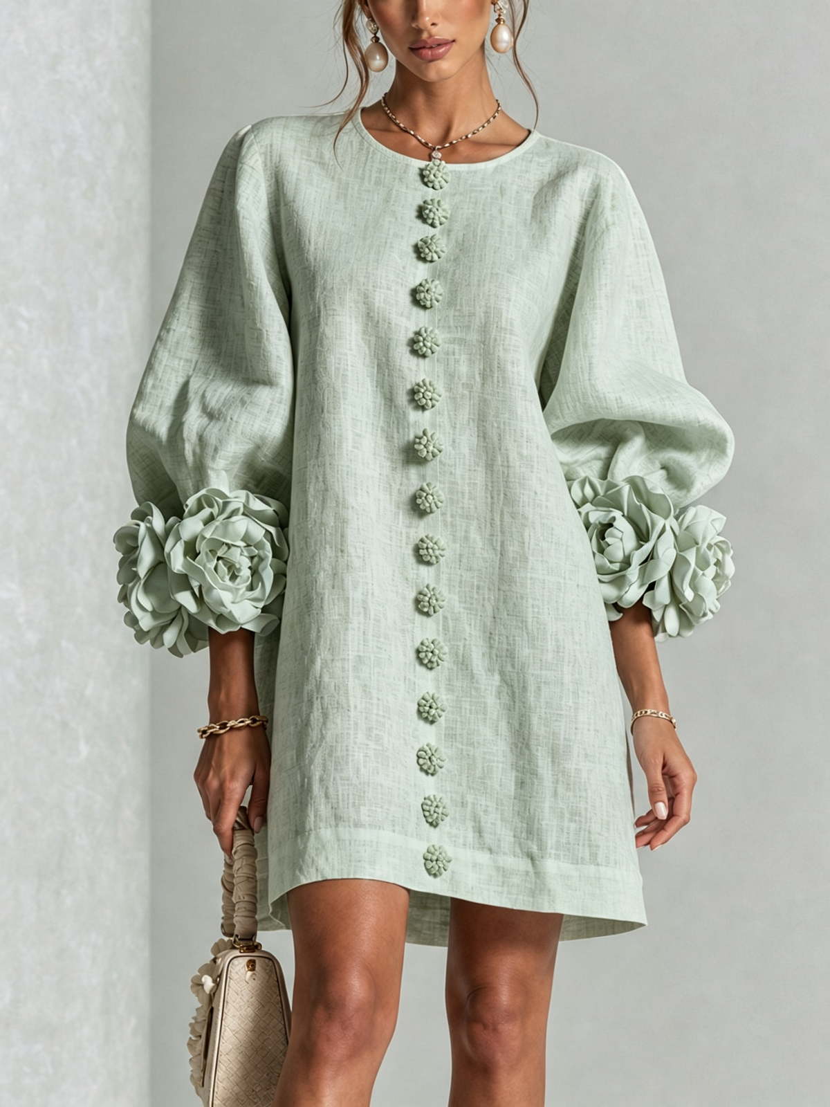 Delia | Mini Vestido de Mezcla de Lino y algodón con Puños en Rosa, Verde Salvia