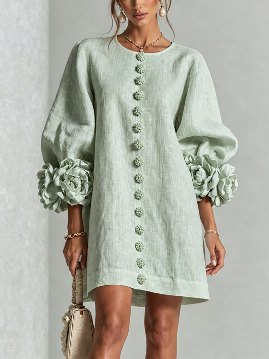 Delia | Mini Vestido de Mezcla de Lino y algodón con Puños en Rosa, Verde Salvia
