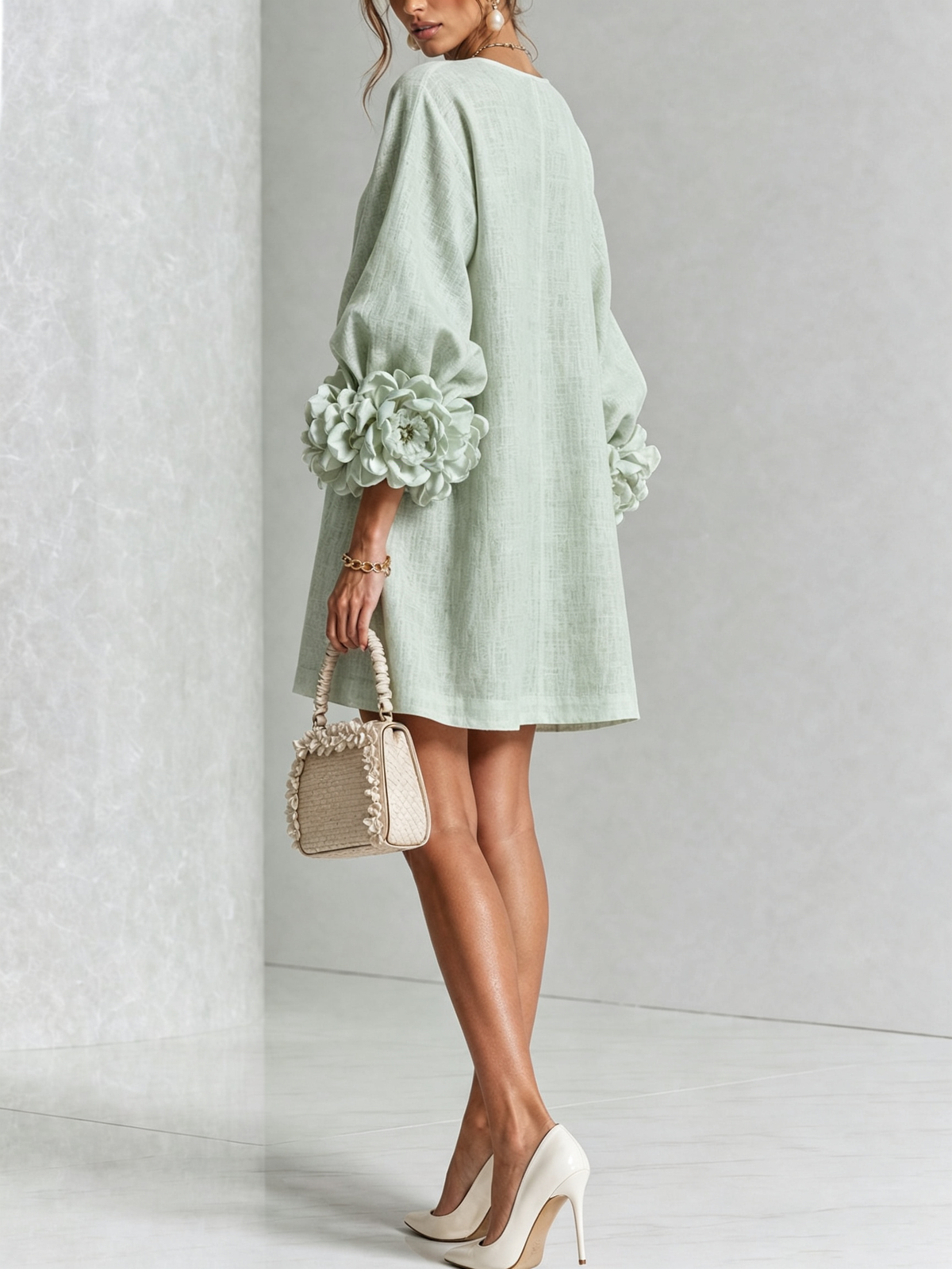 Delia | Mini Vestido de Mezcla de Lino y algodón con Puños en Rosa, Verde Salvia