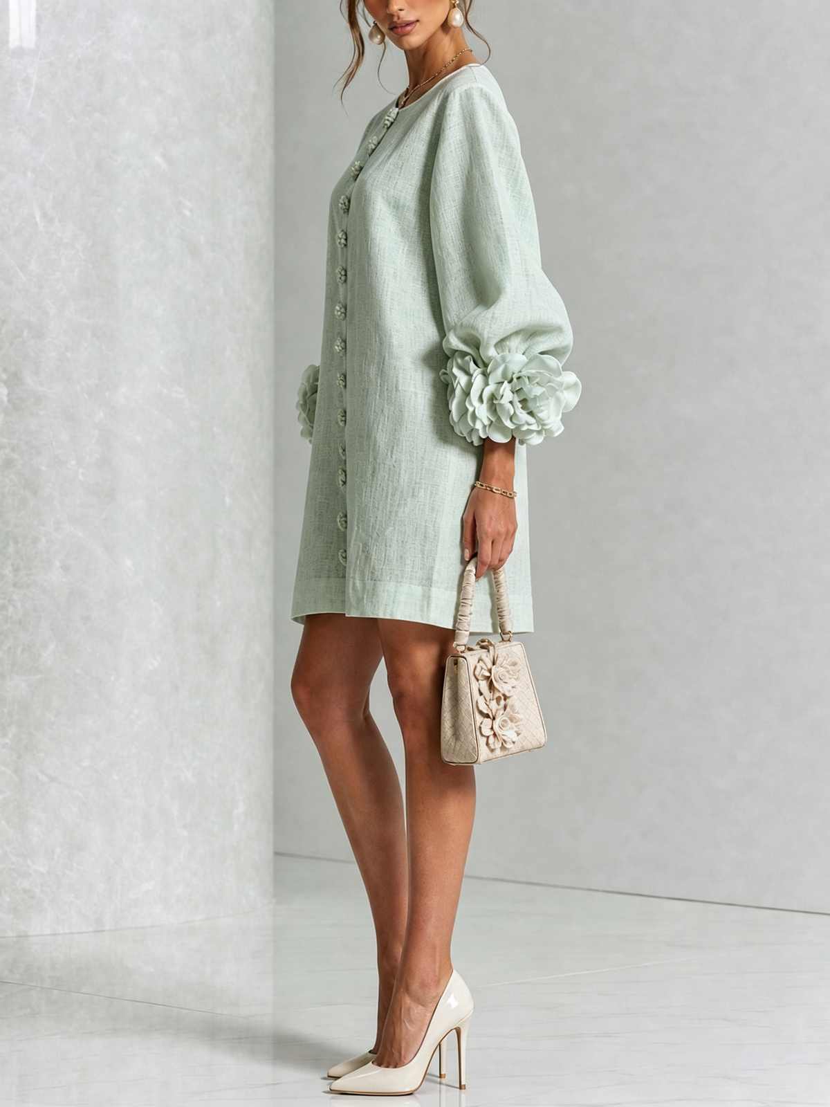 Delia | Mini Vestido de Mezcla de Lino y algodón con Puños en Rosa, Verde Salvia