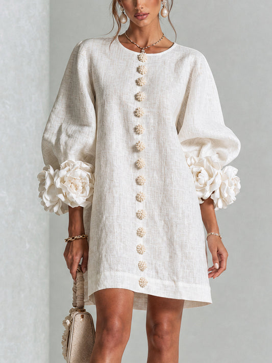 Chiara | Vestido Mini de Mezcla de Lino y algodón con Puños en Rosa, Blanco