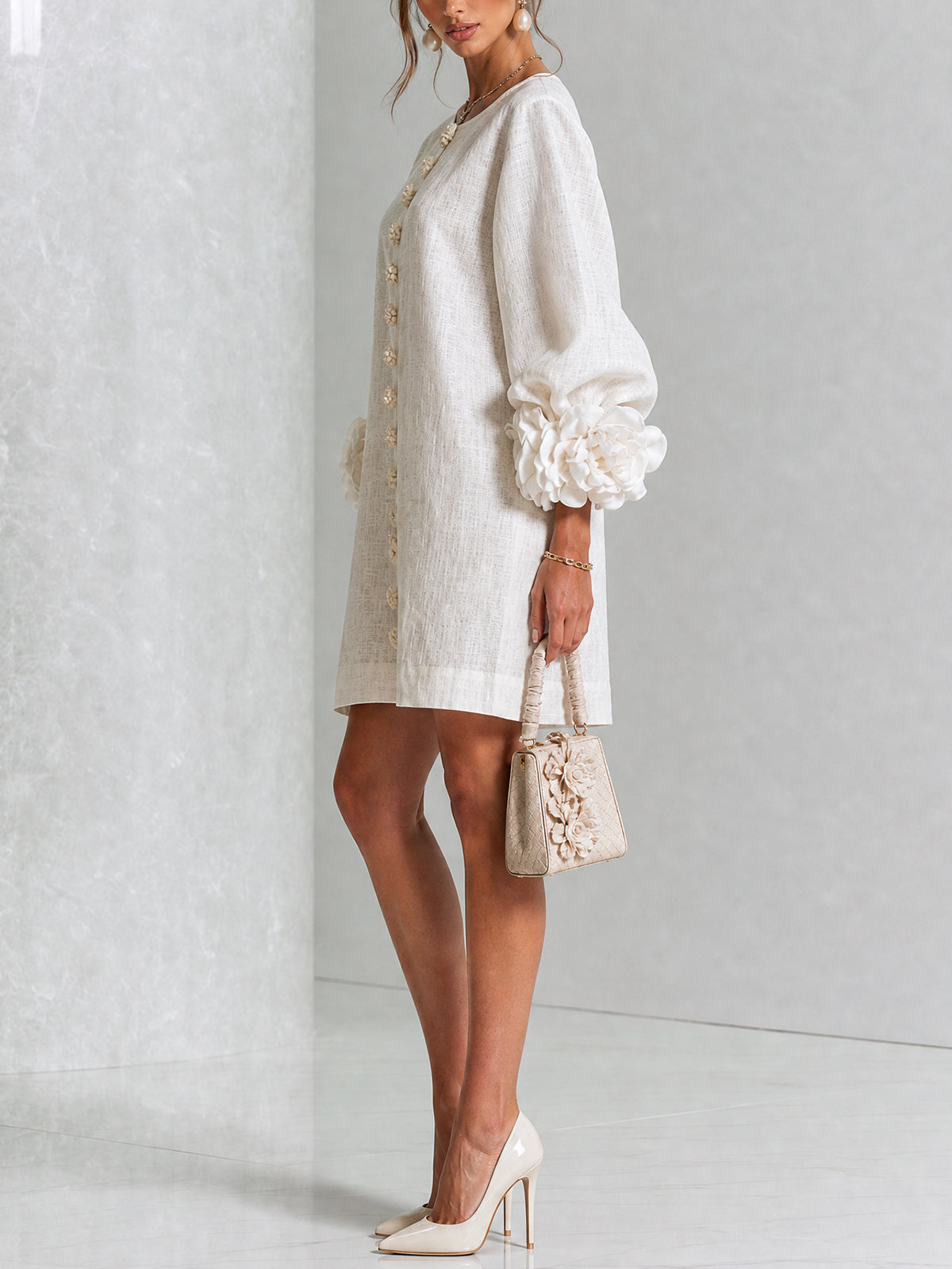 Chiara | Vestido Mini de Mezcla de Lino y algodón con Puños en Rosa, Blanco