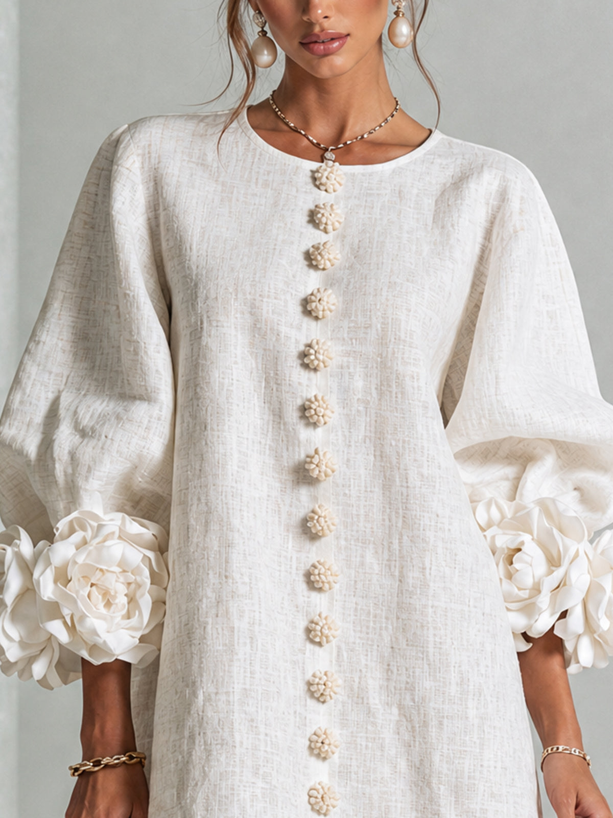 Chiara | Vestido Mini de Mezcla de Lino y algodón con Puños en Rosa, Blanco