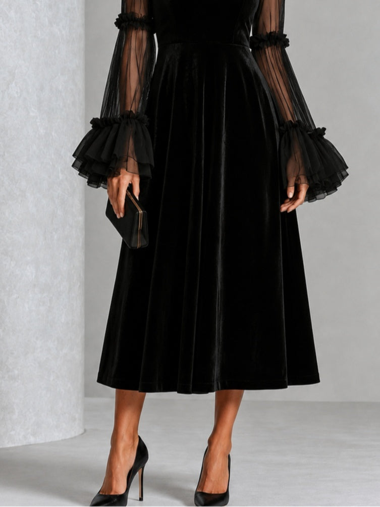 Stefania | Vestido Midi de Terciopelo Negro