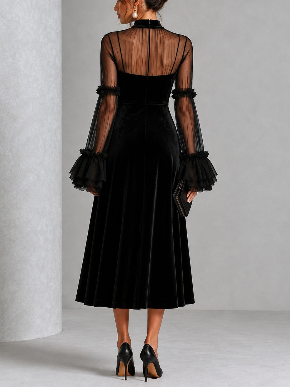 Stefania | Vestido Midi de Terciopelo Negro