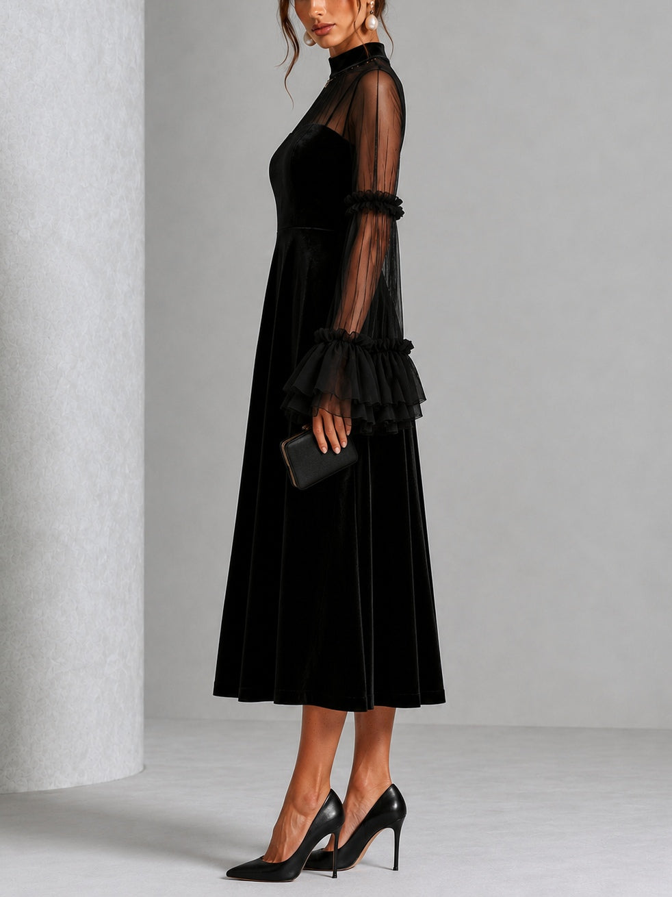 Stefania | Vestido Midi de Terciopelo Negro