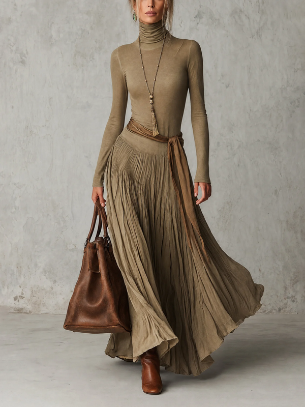 Júlia - Vestido Maxi Plisado de Cuello Alto