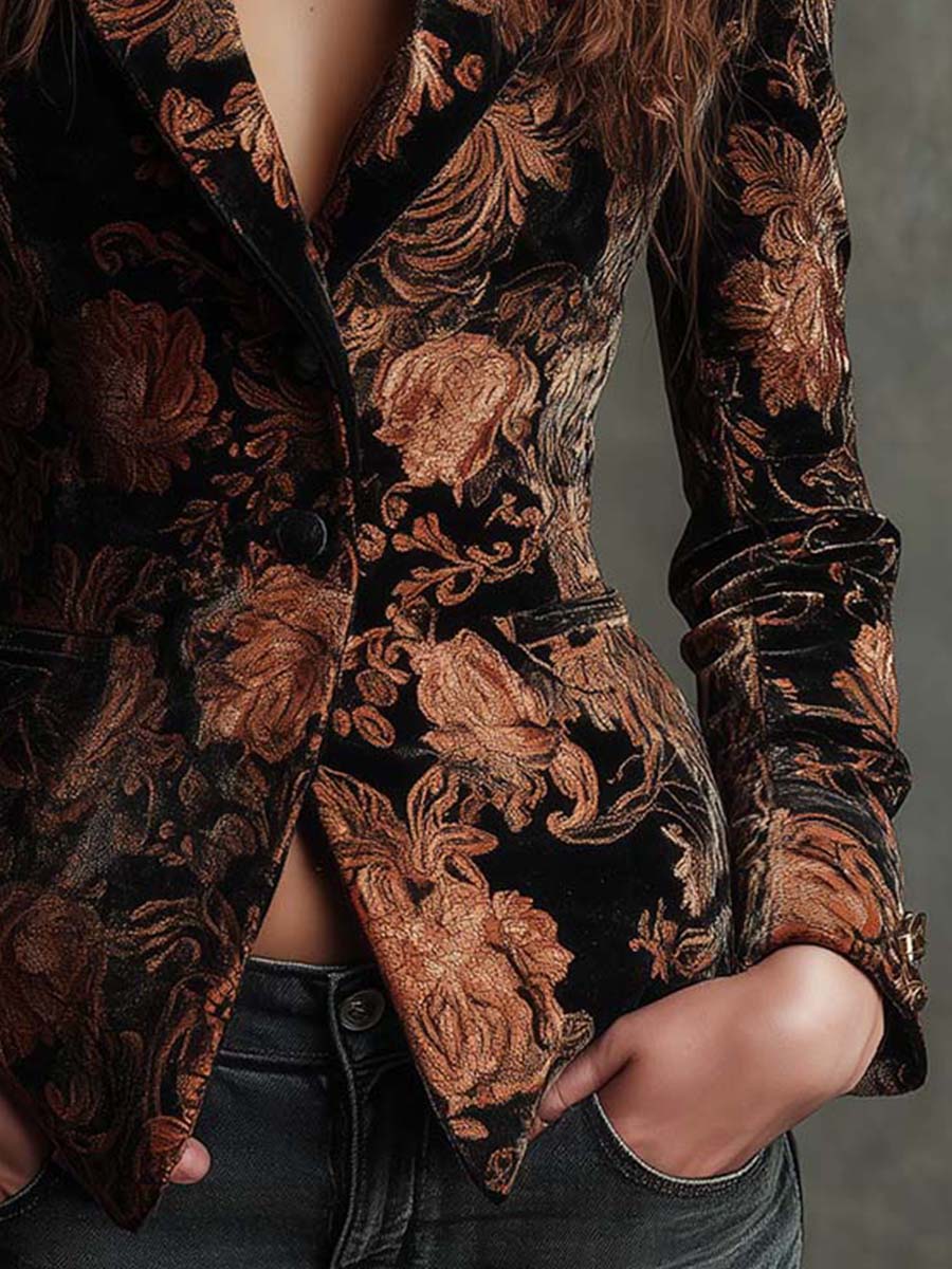 Bertille | Blazer Ajustado con Estampado Floral en Negro y Bronce