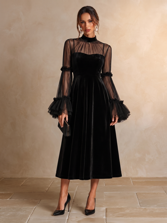 Stefania | Vestido Midi de Terciopelo Negro