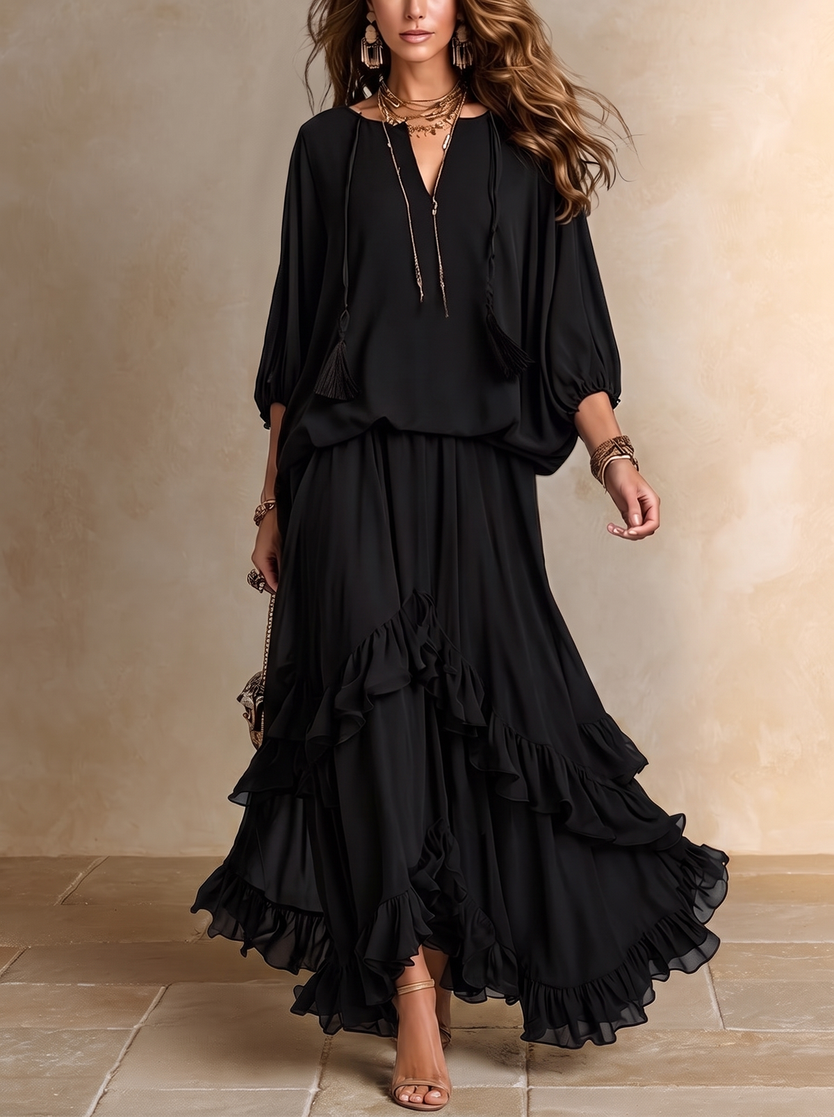 Elvira | Conjunto Negro con Flecos y Volantes