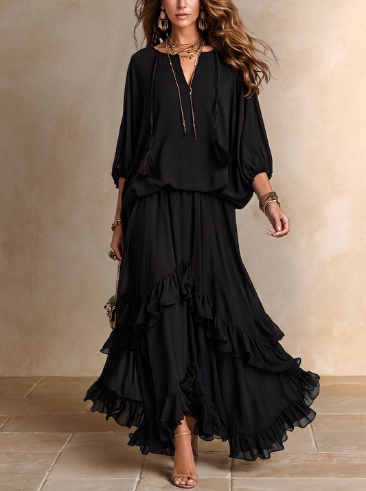 Elvira | Conjunto Negro con Flecos y Volantes