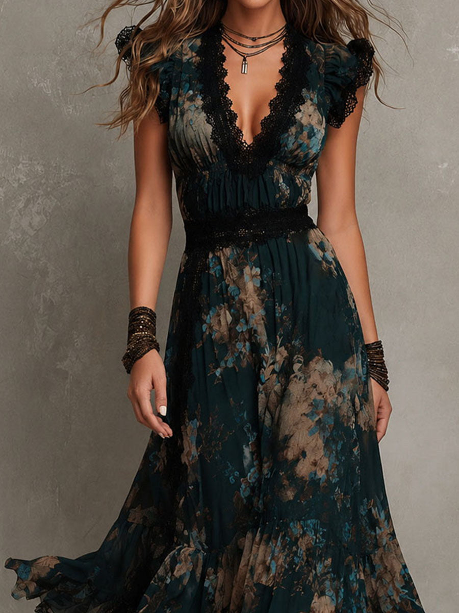 Angèle | Vestido Largo con Superposición Floral