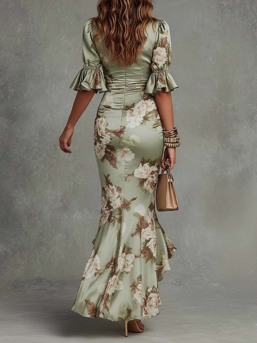 Léocadie | Maxi Vestido de Satén con Detalles de Volantes
