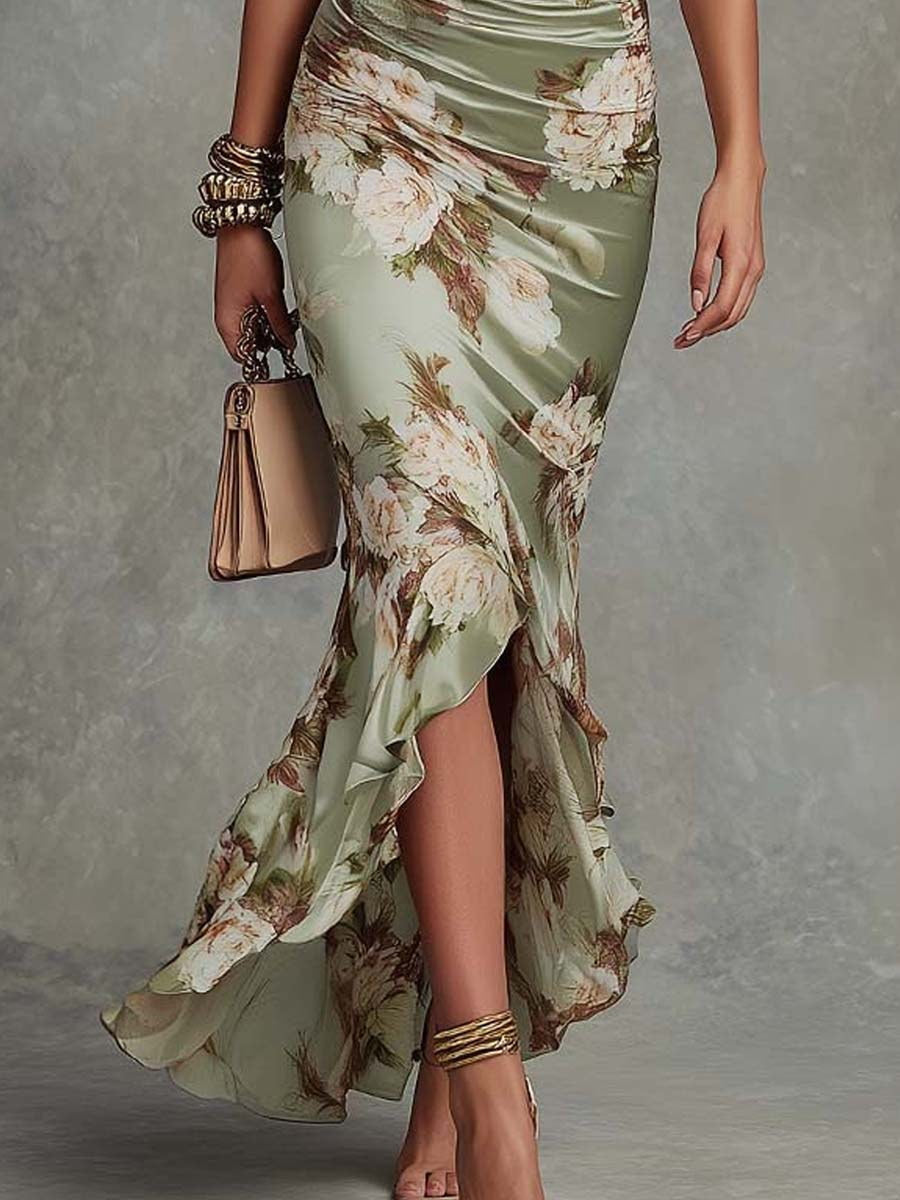 Léocadie | Maxi Vestido de Satén con Detalles de Volantes