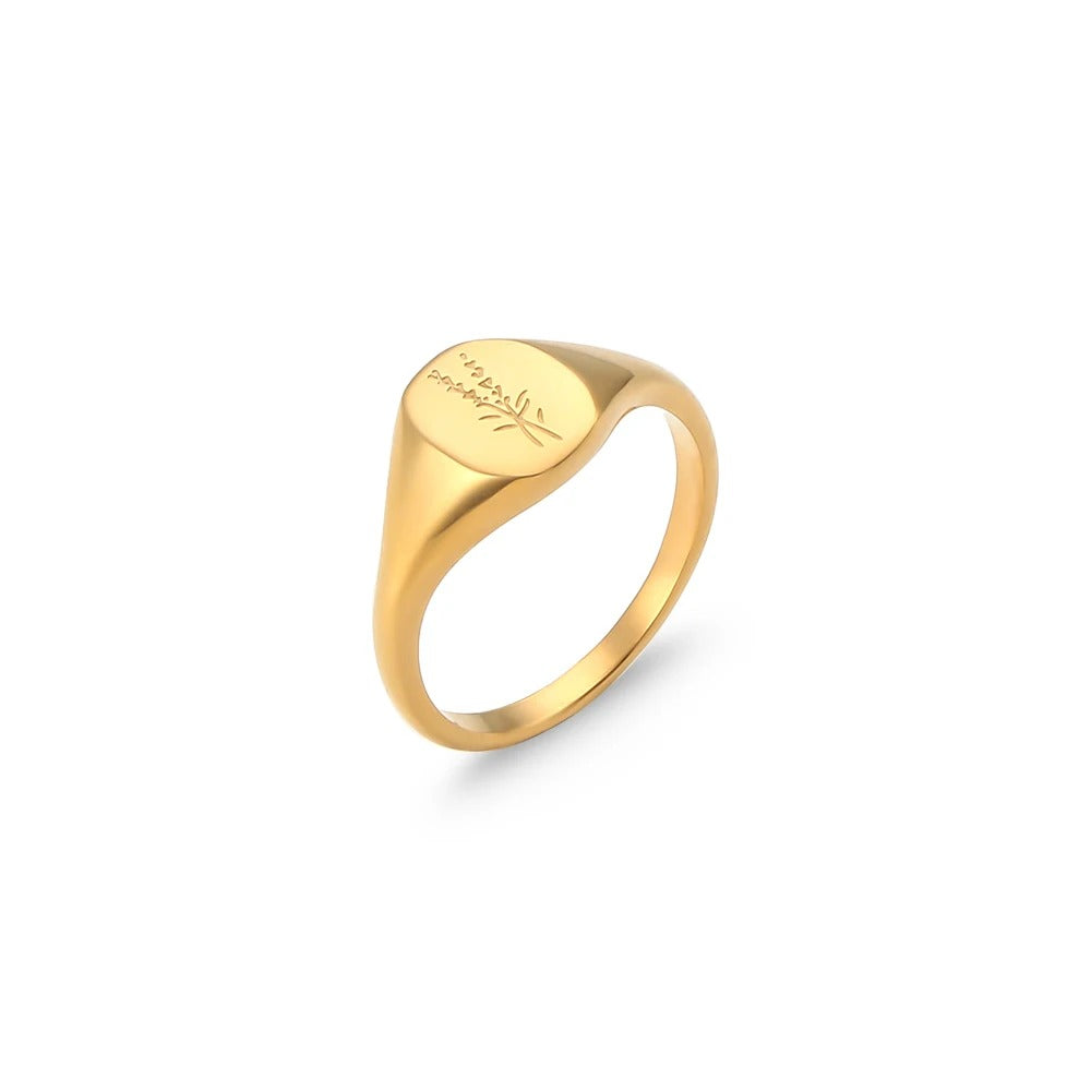 Violeta Anillo Dorado de Acero Inoxidable con Flores Silvestres Grabadas