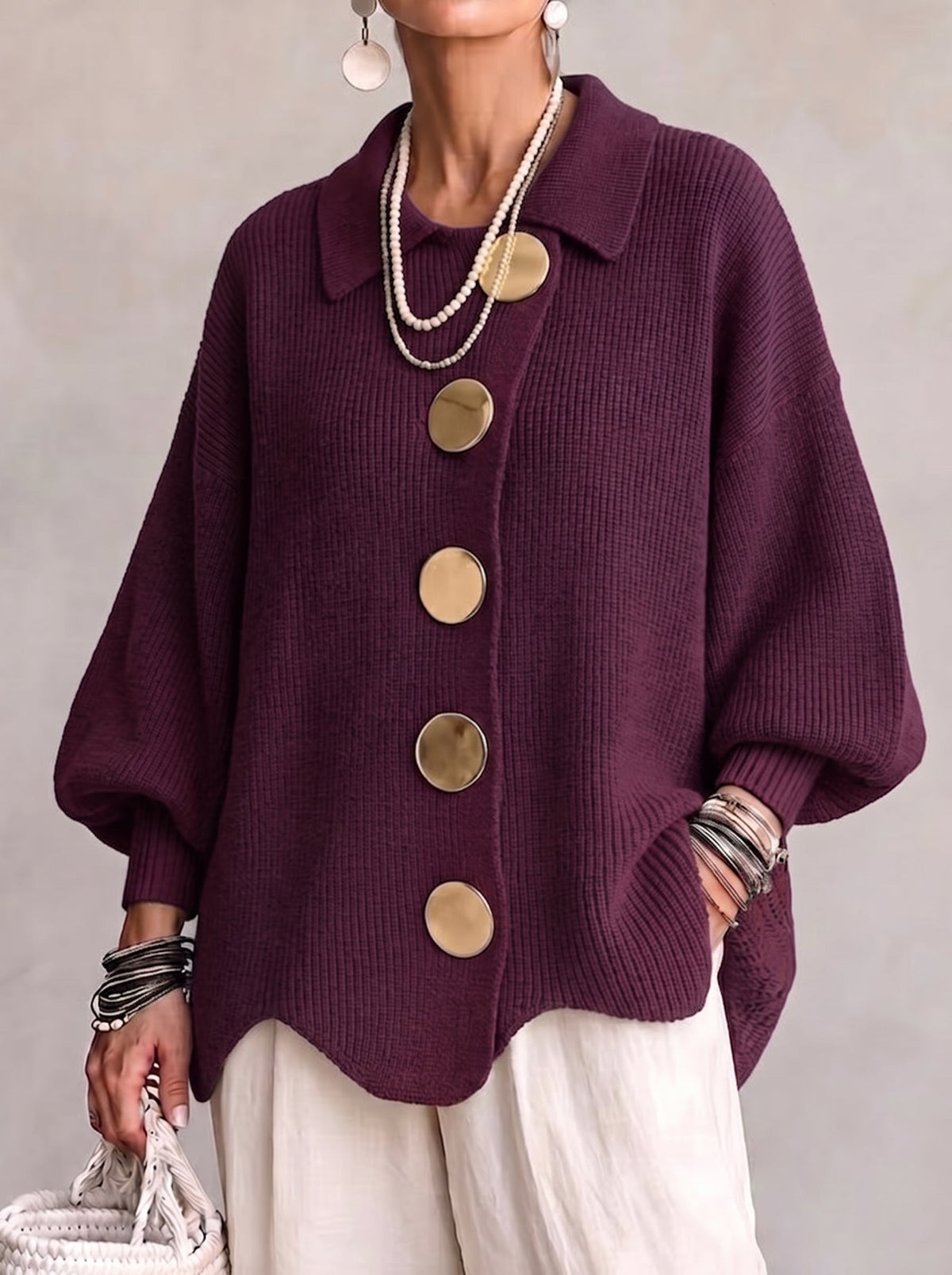 Elvinia | Cardigan Oversize con Detalles de Botones Metálicos